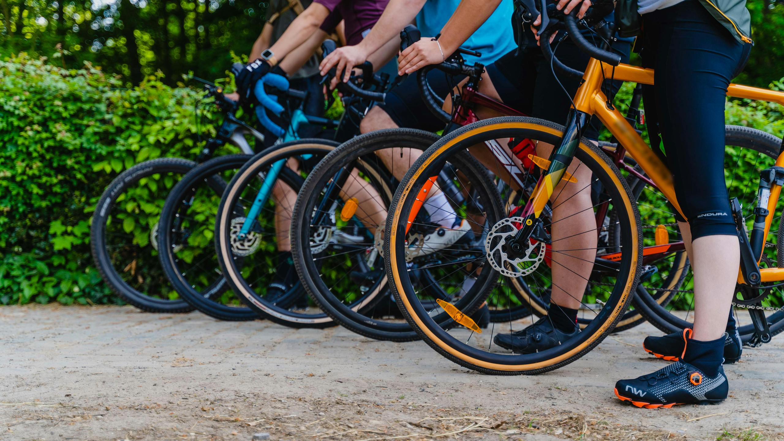 A group of cyclists lined up with gravel bikes on a sunny day, ready for a ride through nature.
