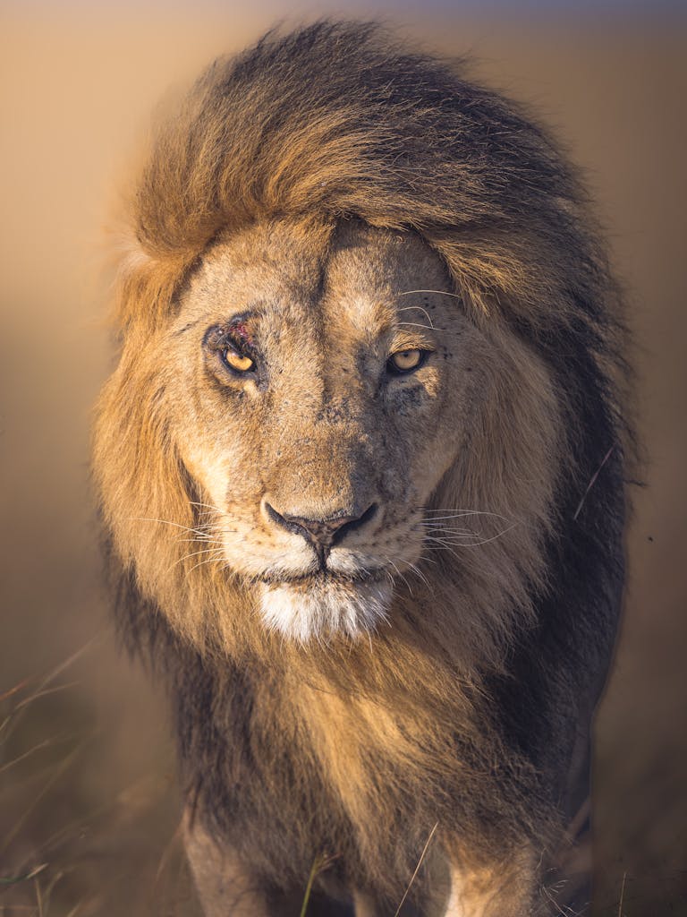 Close-up portrait of a lion in Maasai Mara, Kenya, showcasing its regal features.