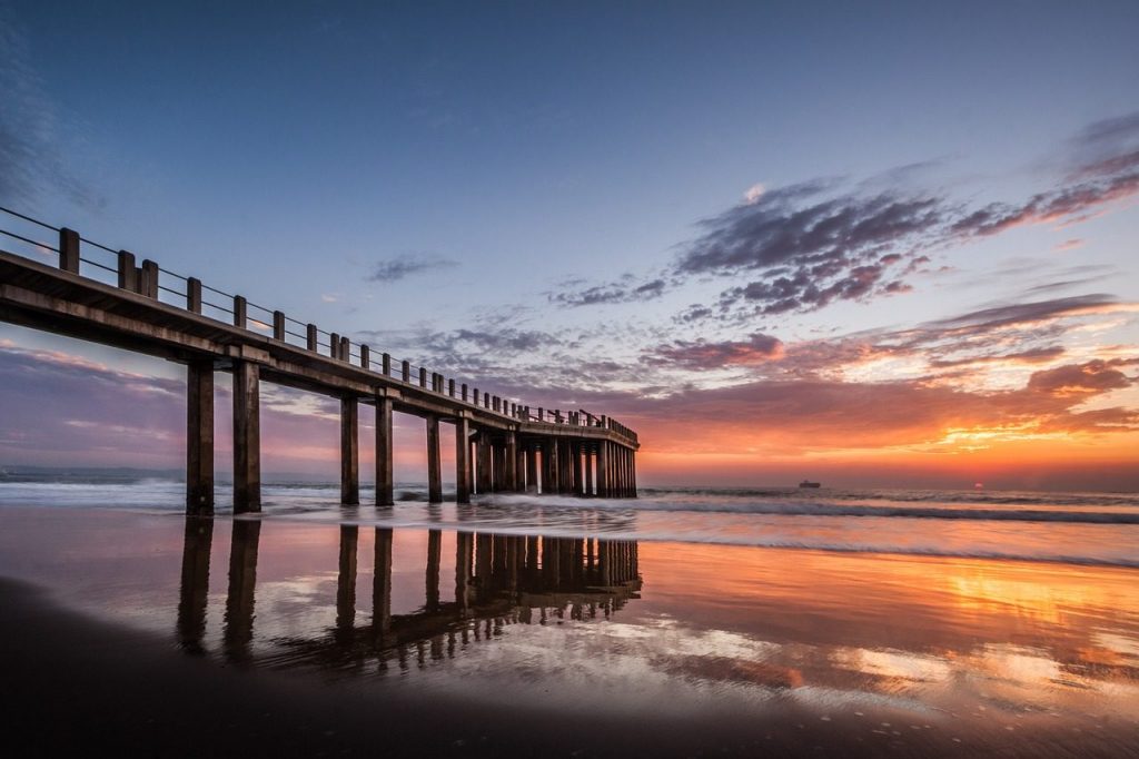 pier, sunrise, ocean, dawn, sea, water, reflection, ushaka marine, durban, south-africa, nature, africa, beach, coast, seascape