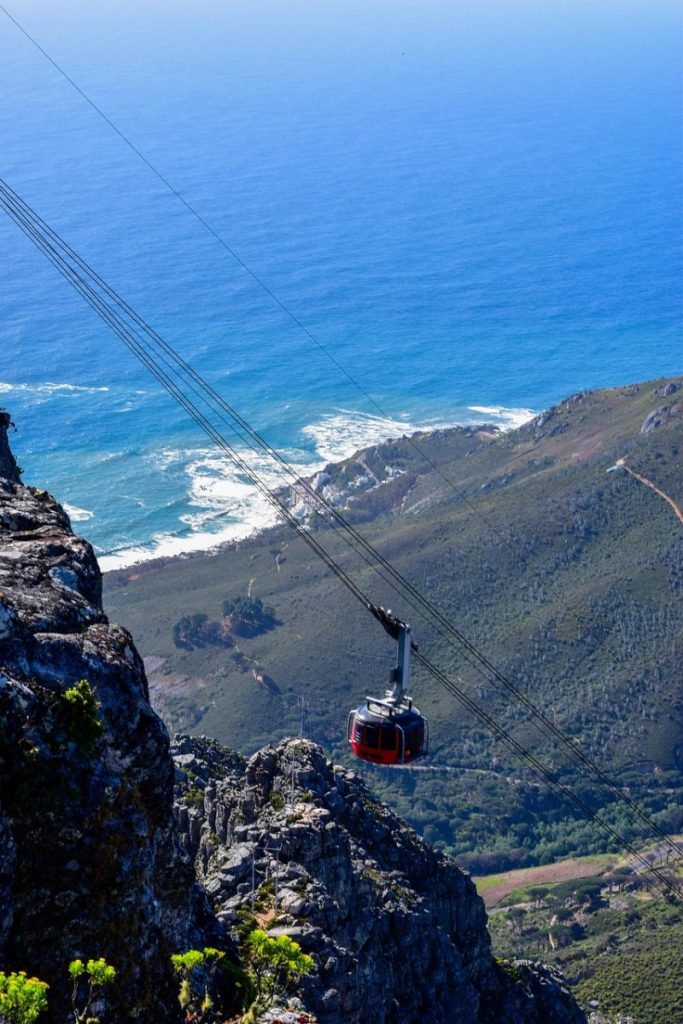 aerial from table mountain, south africa, cape town, mountain, rock, sky, ocean, cable car, nature, blue table