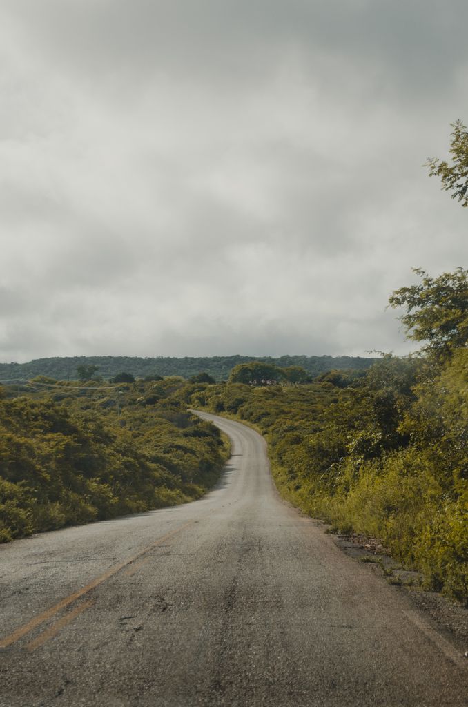 A scenic image of a winding road cutting through a lush green landscape under cloudy skies.